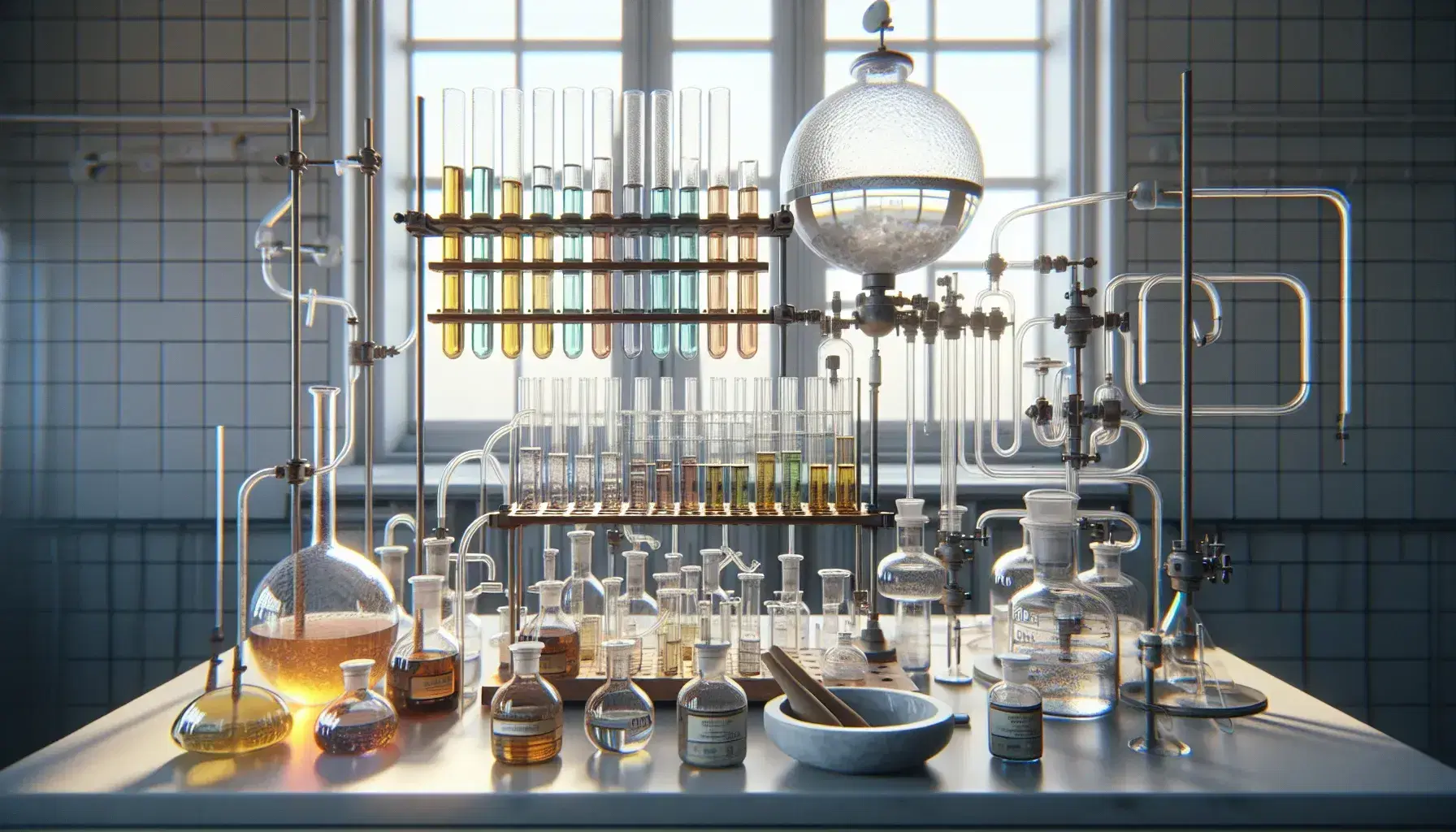 Laboratorio chimico con provette colorate, distillatore in vetro, fiamma di Bunsen sotto pallone e mortaio con polvere.