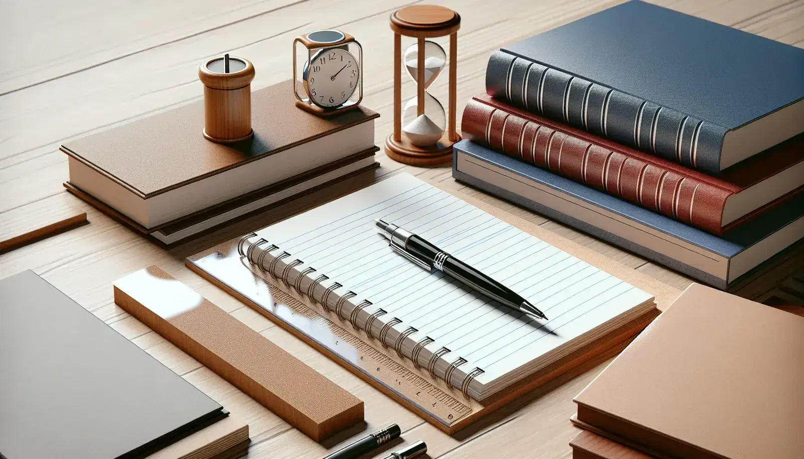Mesa de madera clara con bloc de notas, bolígrafo negro, libros apilados sin título, regla transparente, reloj de arena y planta verde en maceta.