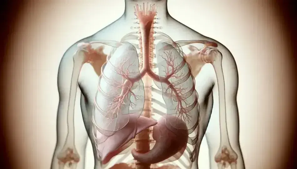 Torso humano transparente mostrando sistema respiratorio con pulmones rosados, tráquea bifurcada y caja torácica semi-transparente sobre fondo neutro.