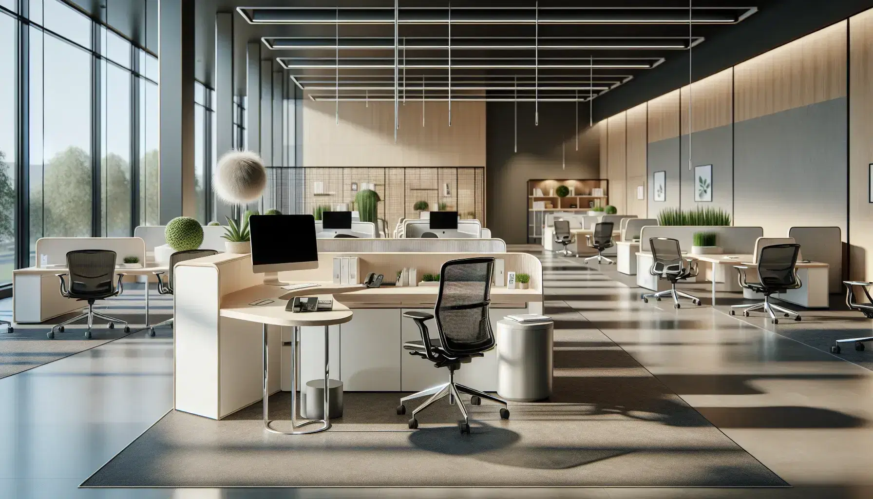 Modern open-plan office with white reception desk, ergonomic chairs, workstations with computers, round meeting table, and potted plants, bathed in natural light.