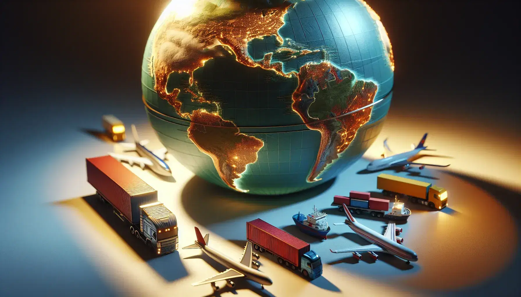 Globo terráqueo iluminado con continentes en verde y marrón, océanos en azul, rodeado de miniaturas de transporte de carga simbolizando el comercio global.