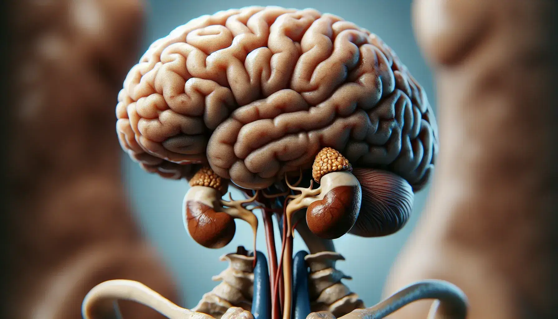 Lateral view of the human brain with hypothalamus and pituitary gland highlighted, above kidneys and adrenal glands on a blue background.