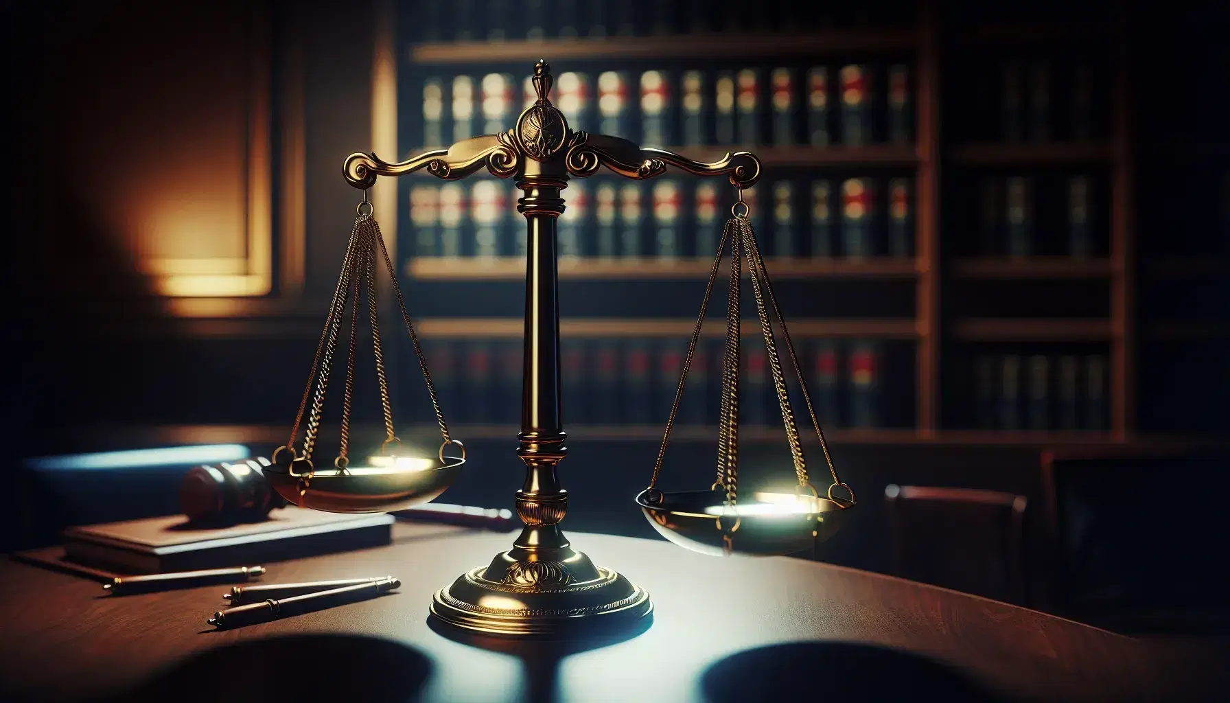 Golden scales of justice balanced evenly, set against a blurred courtroom backdrop with dark wood benches and a navy blue flagpole.