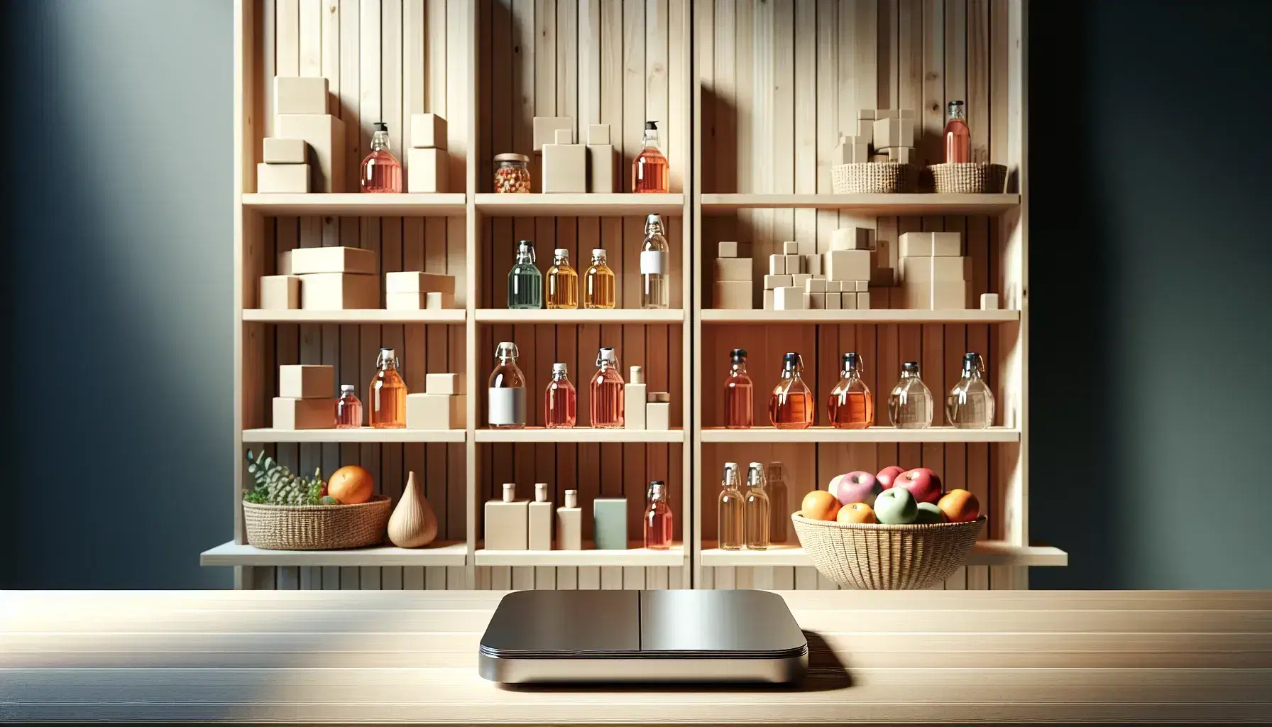 Estante de madera con productos empaquetados variados y balanza digital junto a cesta de frutas frescas en tienda con iluminación suave.