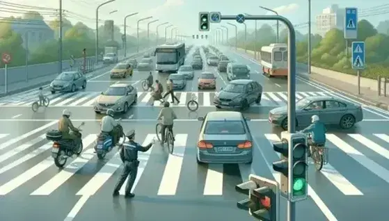 Scena di traffico urbano con semaforo verde, agenti di polizia che dirigono veicoli e pedoni che attraversano sulle strisce pedonali.