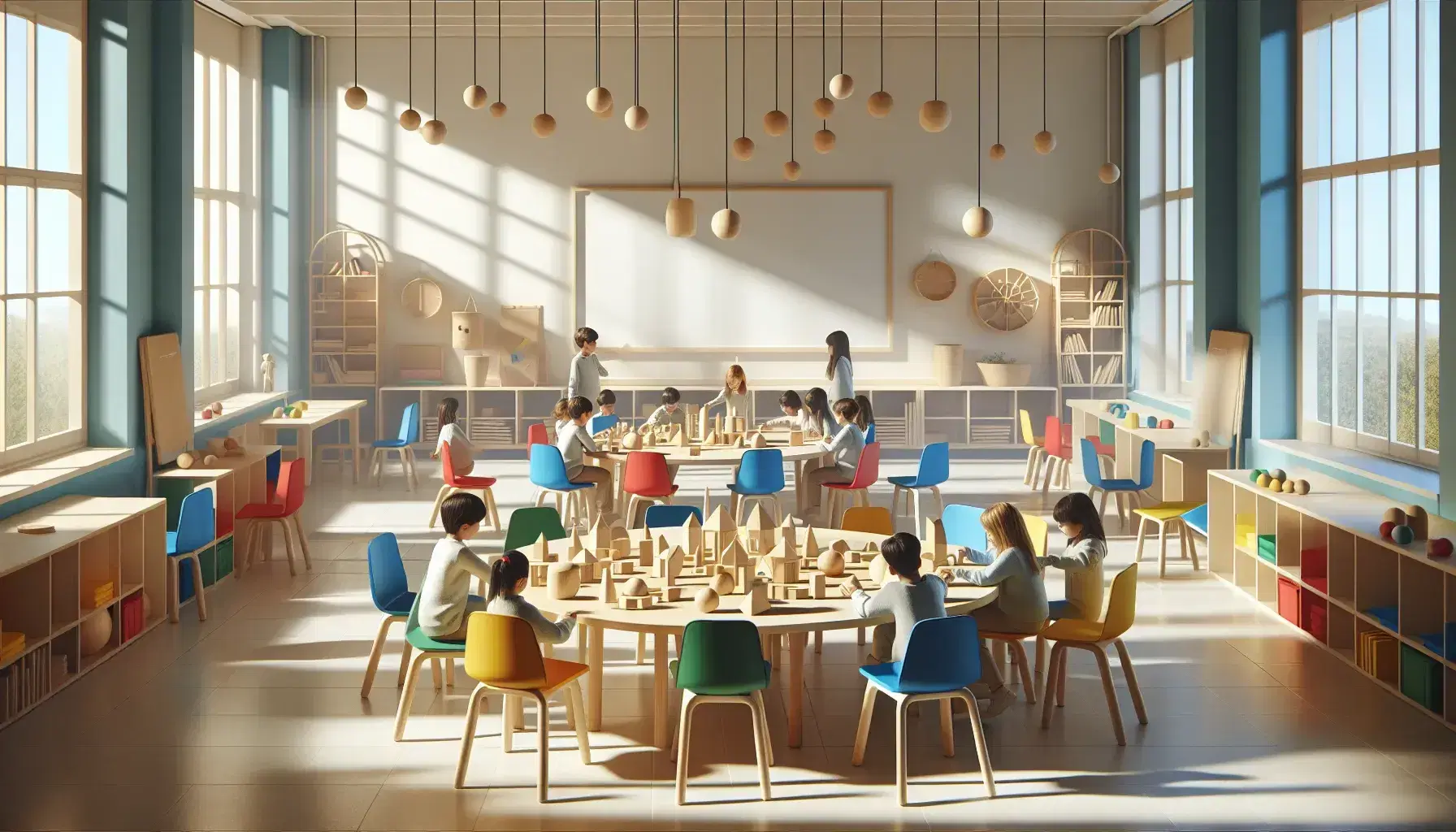 Aula luminosa con estudiantes de diversas edades interactuando alrededor de una mesa redonda con sillas coloridas y bloques geométricos de madera.
