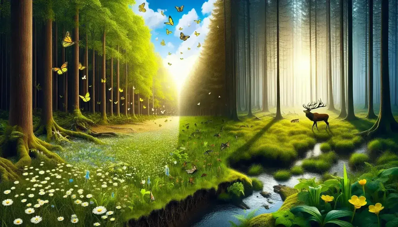 Serene landscape showing a meadow with white flowers and butterflies on the left, and a dense forest with a majestic deer on the right.