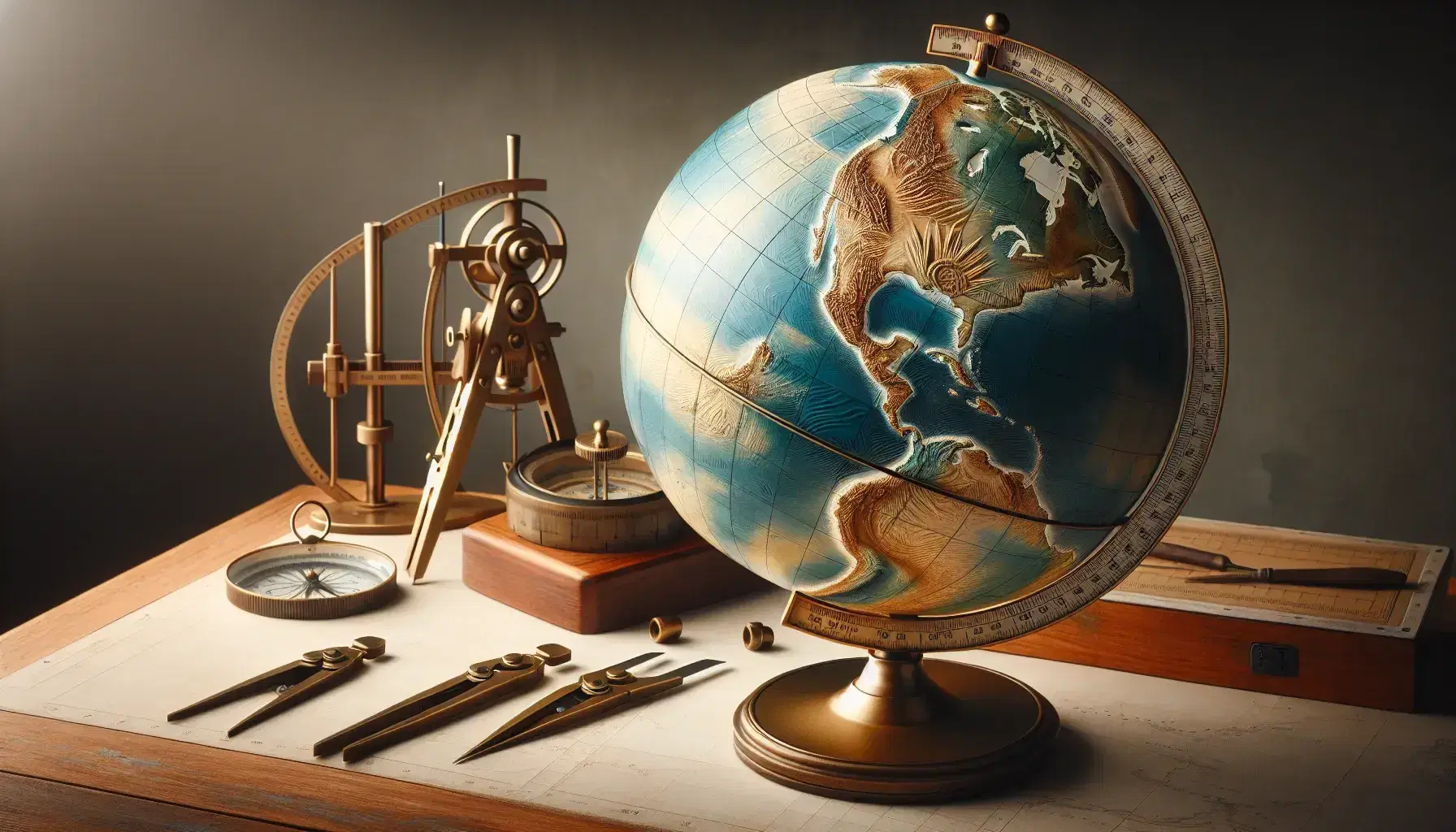 Globo terrestre fisico con rilievi topografici su supporto in legno, circondato da compasso in ottone, astrolabe e calibri, su superficie chiara.