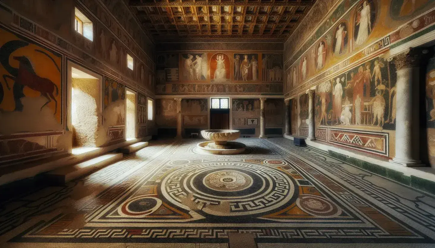 Interno di una domus romana con affreschi murali vivaci e mosaici geometrici e mitologici sul pavimento, attorno a una fontana in marmo centrale.