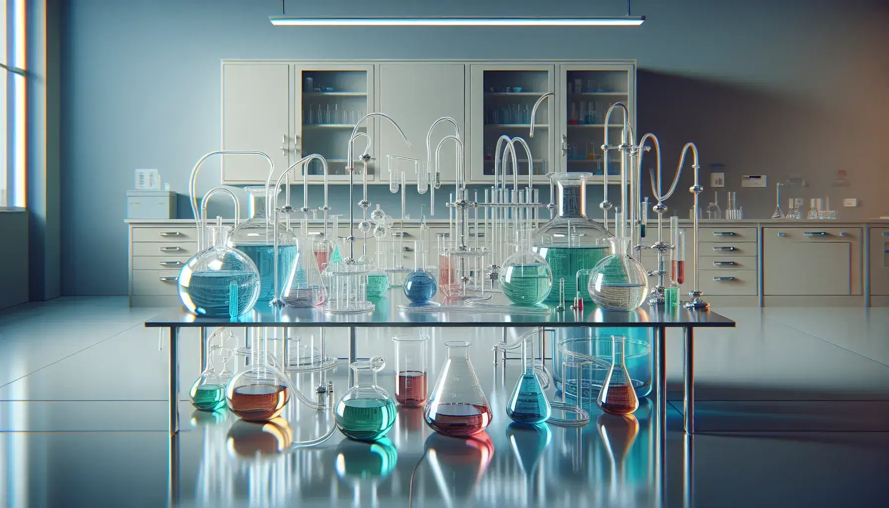 Laboratorio scientifico con strumenti di vetro come becher, provette e flaconi con liquidi colorati, illuminato da lampada bianca, senza persone.