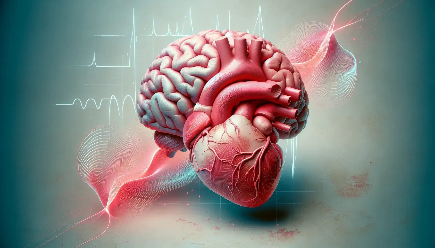 Cerebro humano en tonos rosados y rojizos conectado mediante líneas azules curvas a un corazón rojo que simula latidos, sobre fondo neutro.