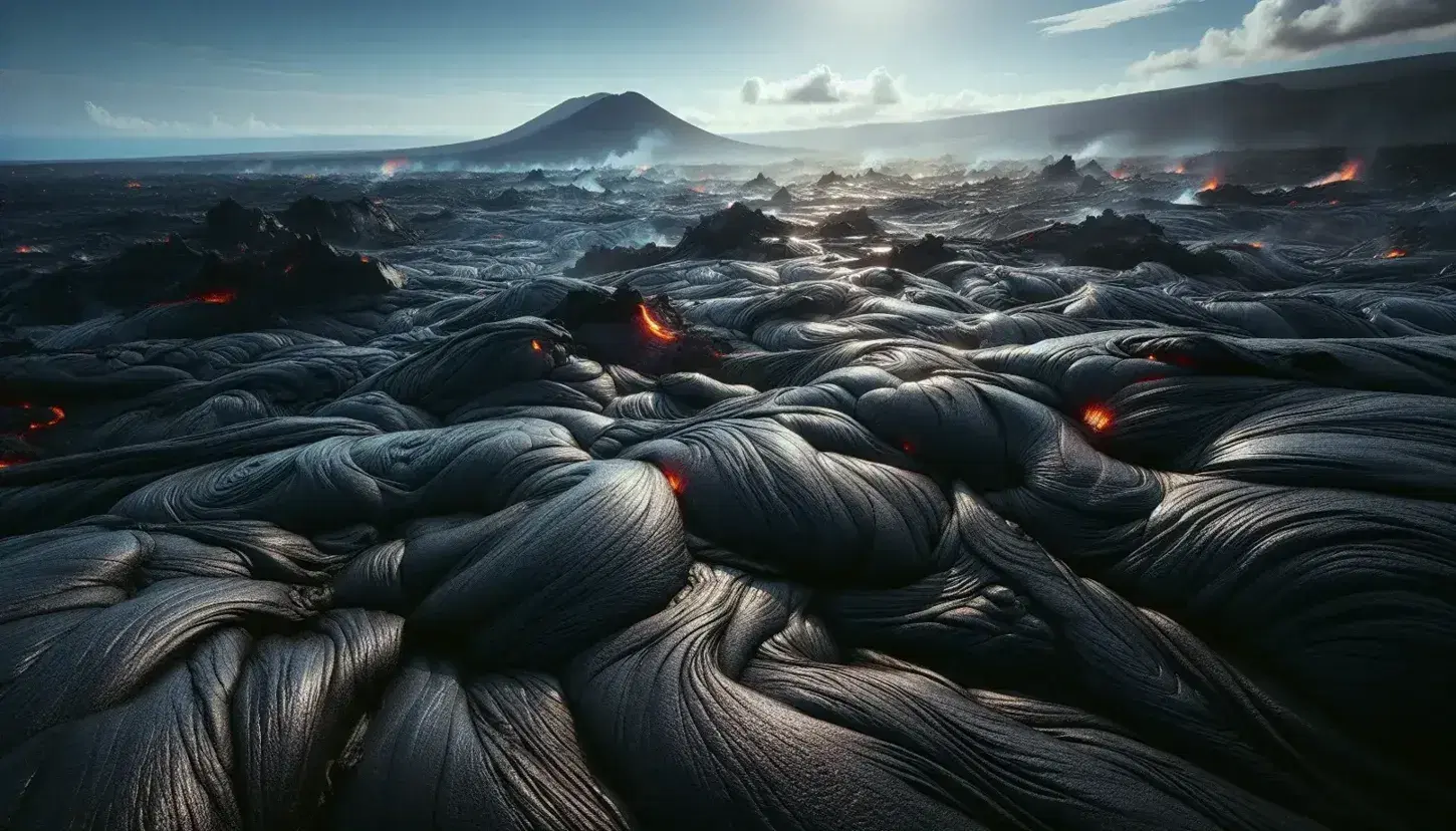 Flusso di lava raffreddandosi con parti incandescenti su terreno irregolare, vulcano in lontananza sotto cielo azzurro.