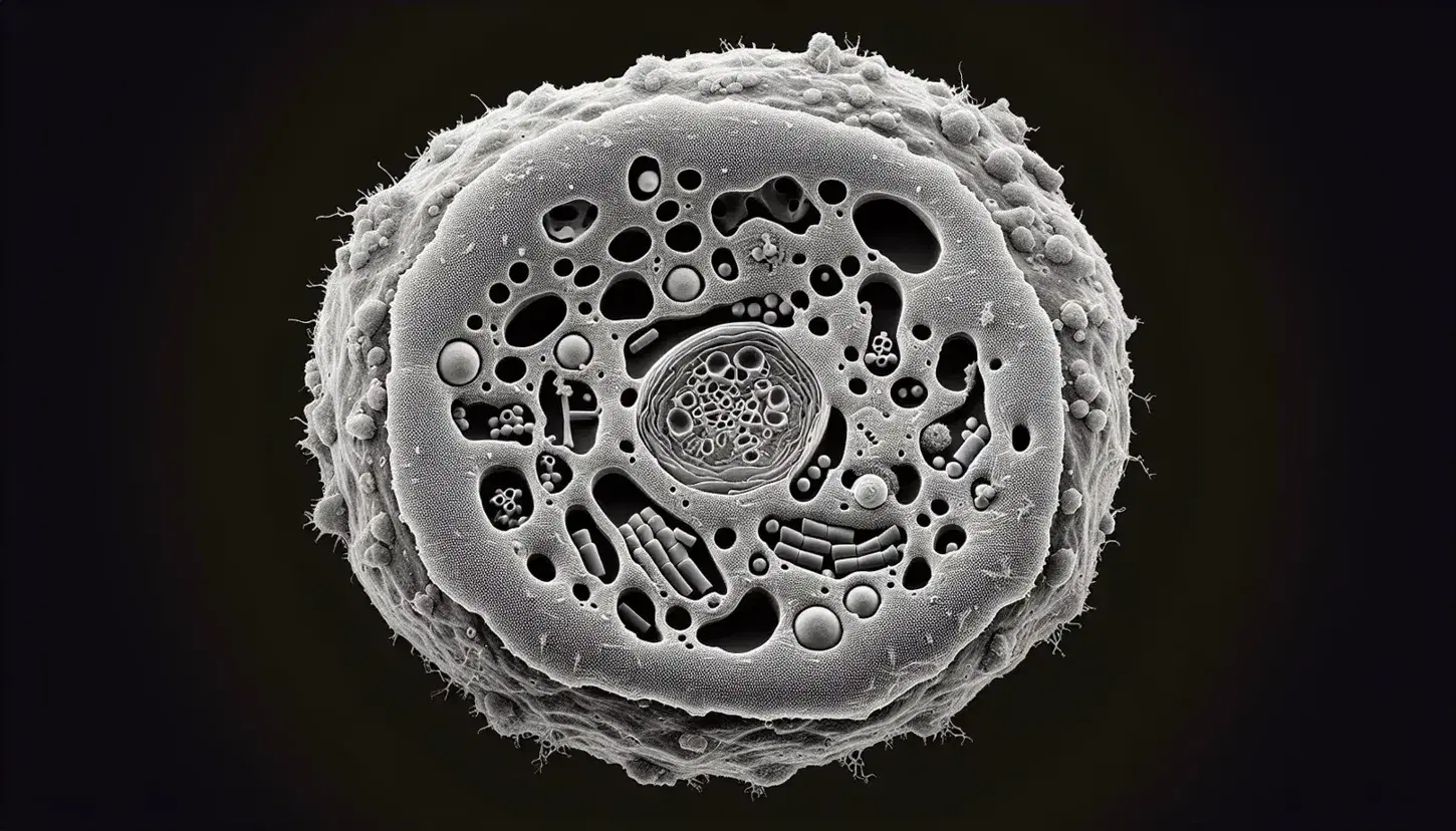 Microfotografia TEM sezione cellulare eucariotica con nucleo, nucleolo, citoplasma, ribosomi e reticolo endoplasmico ruvido.