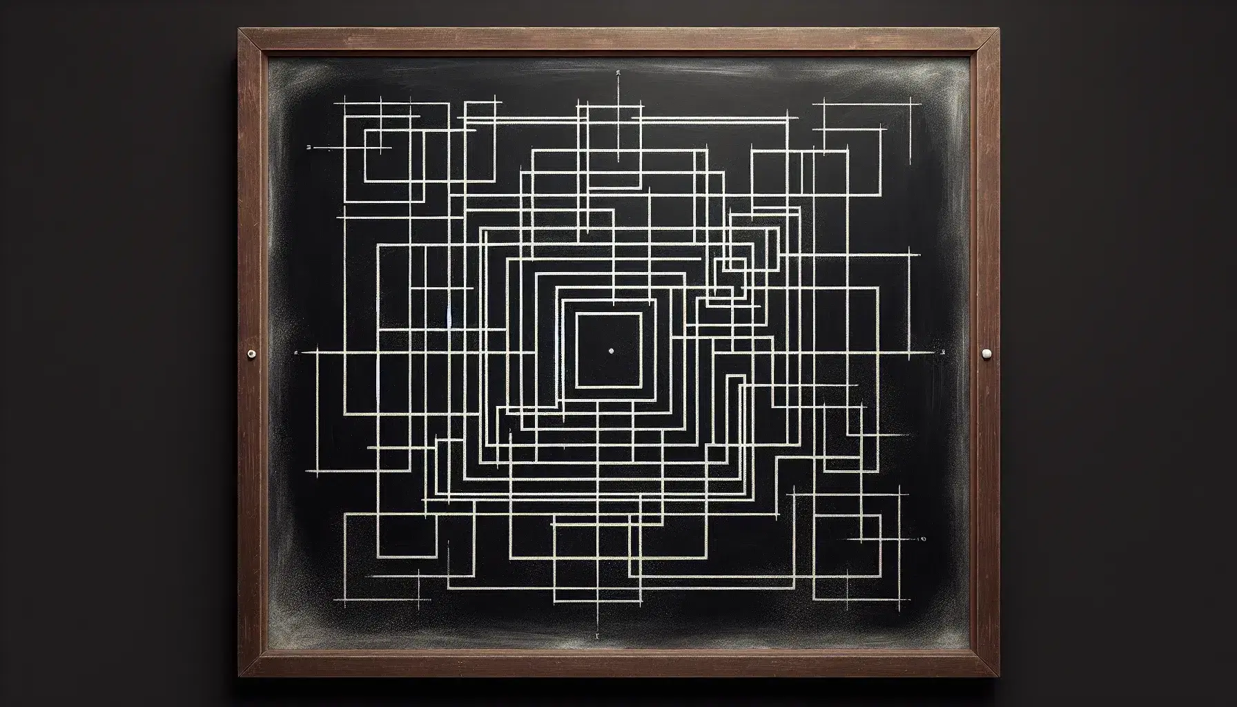 Close-up view of a blackboard with white chalk geometric patterns, intersecting squares and rectangles, framed by warm brown wood.