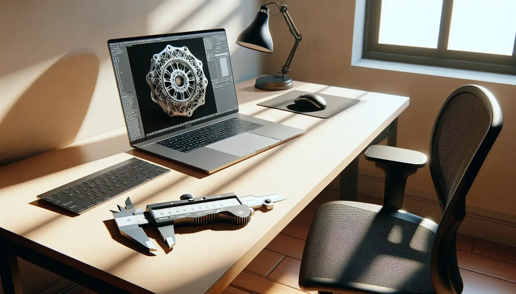 Escritorio de diseño asistido por computadora con laptop mostrando modelo 3D de pieza mecánica y calibre digital al lado, en un entorno iluminado naturalmente.