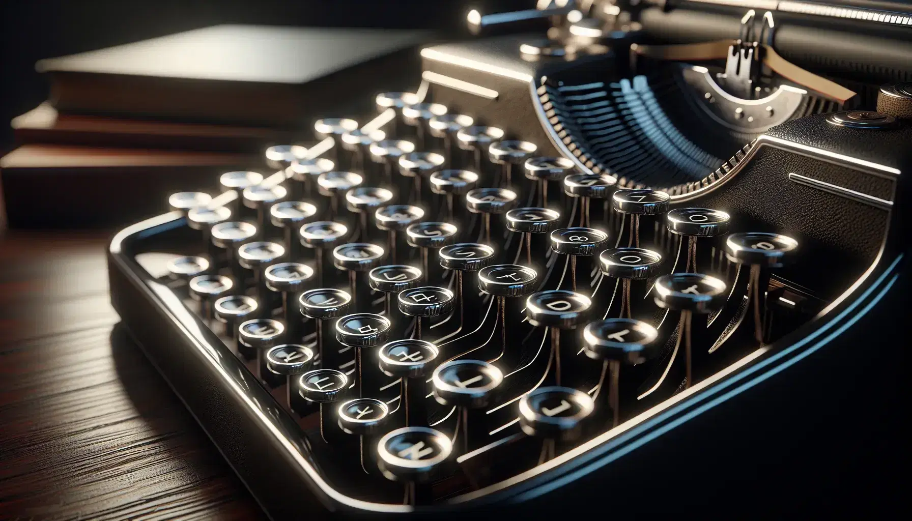 Primo piano di tasti lucidi e rotondi di una macchina da scrivere vintage su superficie in legno scuro, con sfondo sfocato di libri rilegati.