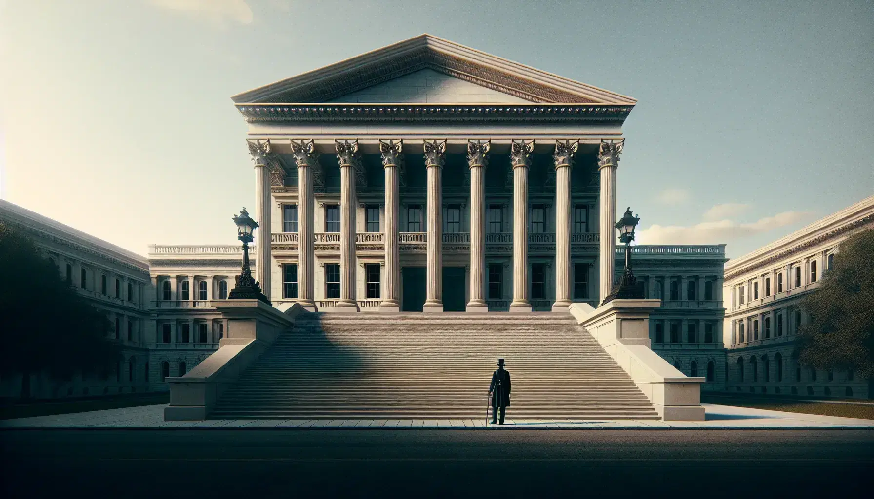Neoclassical building with white columns and triangular pediment under a clear blue sky, solitary figure in period attire on steps, flanked by iron lamp posts.