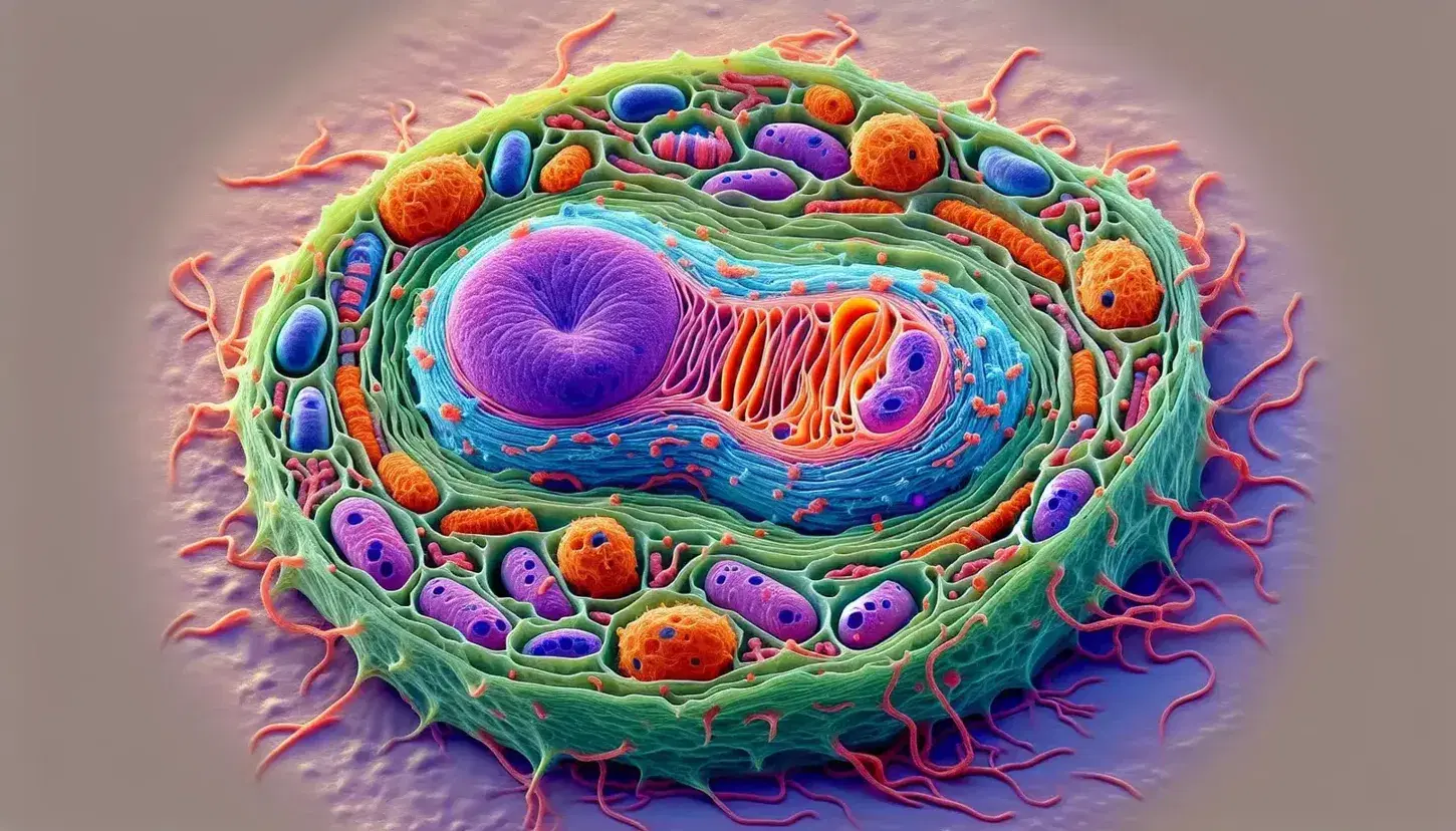 Vista microscópica de célula eucariota con núcleo púrpura, citoplasma verde, mitocondrias naranjas, lisosomas azules, citoesqueleto rojo, membrana rosa y pared celular verde.