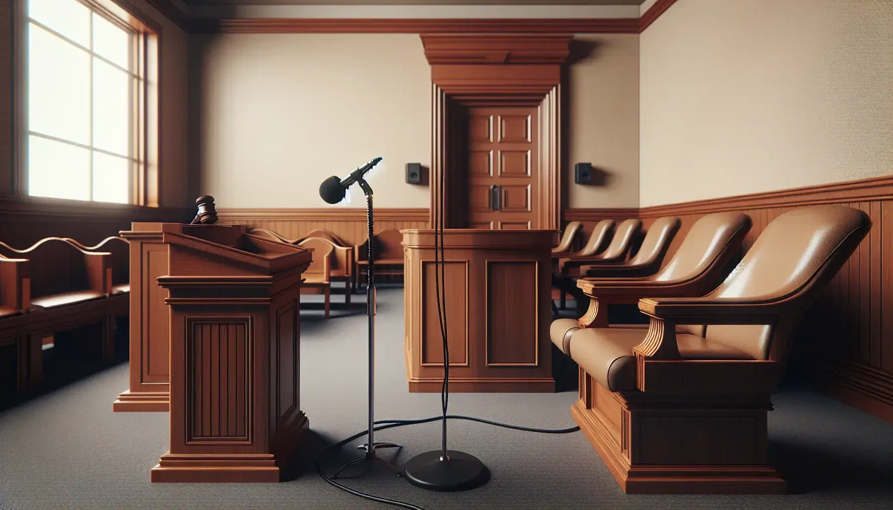 Empty courtroom with wooden judge's desk, high chair, witness stand with microphone and benches for audience on blue carpet.