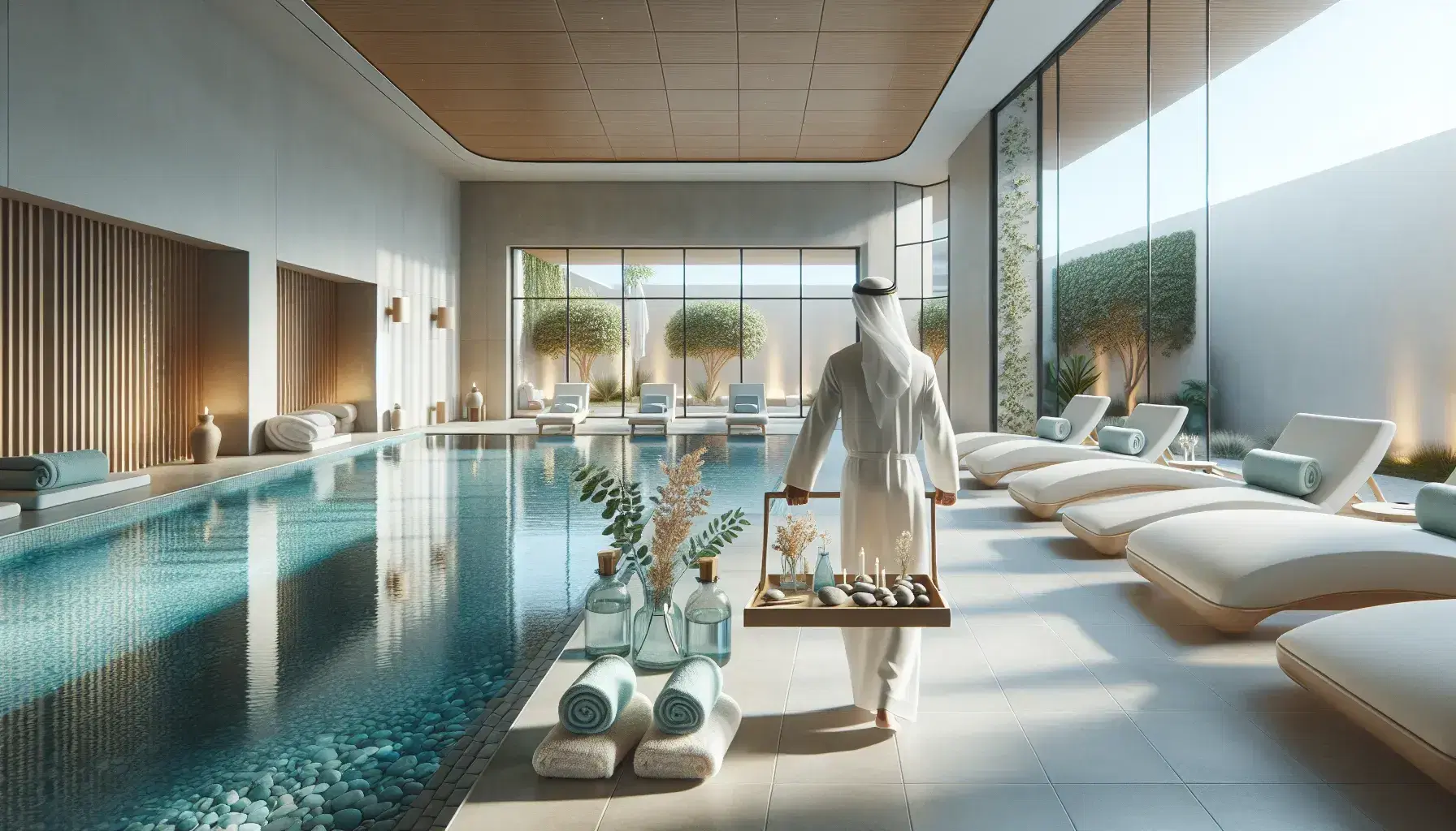 Centro de bienestar moderno con piscina de hidroterapia, tumbonas blancas, toallas azules y empleado con bandeja de tratamientos junto a jardín visible a través de grandes ventanas.