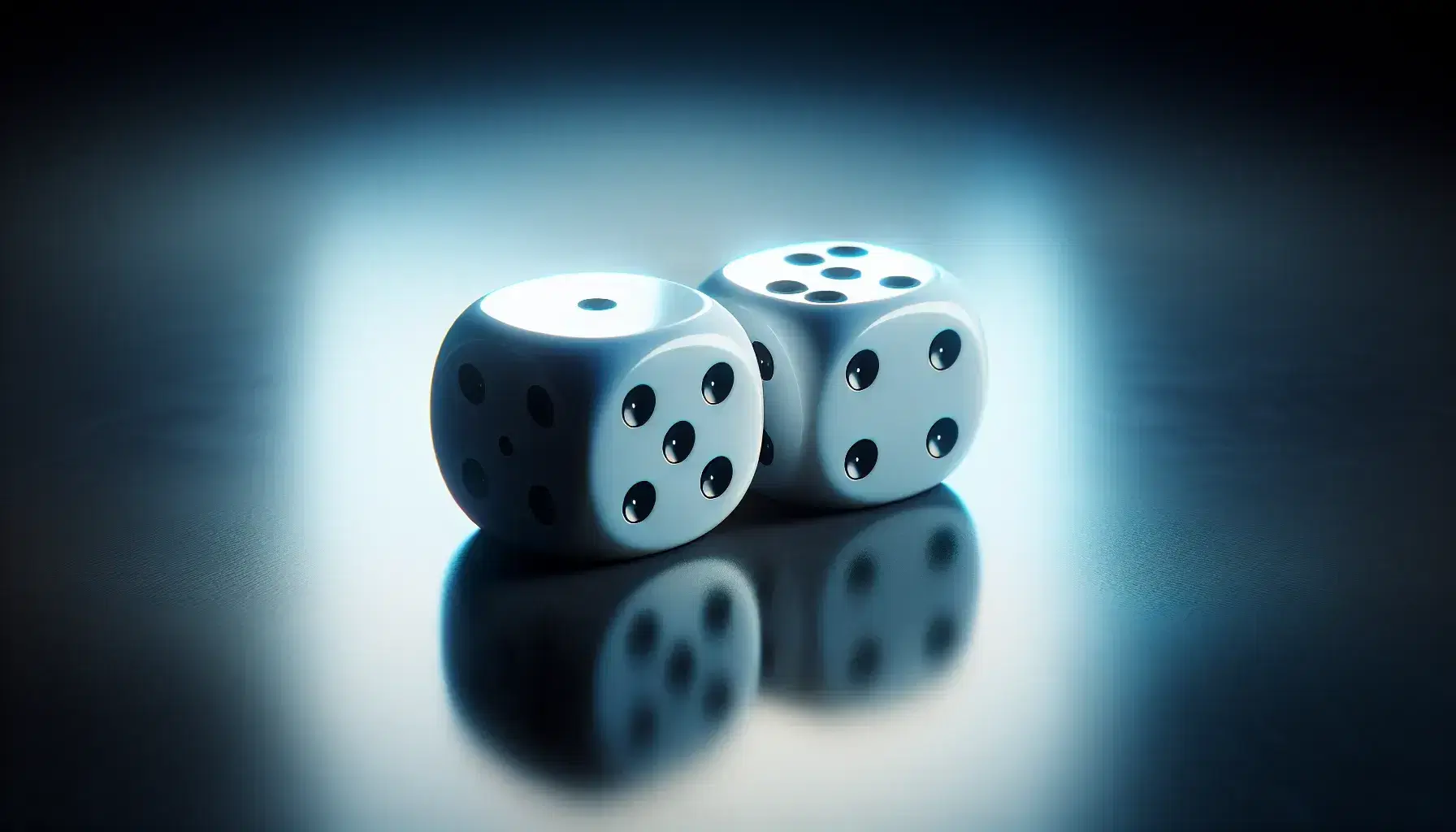 Two white dice with rounded corners and black dots on dark reflective surface, one shows five and the other three, blue gradient background.