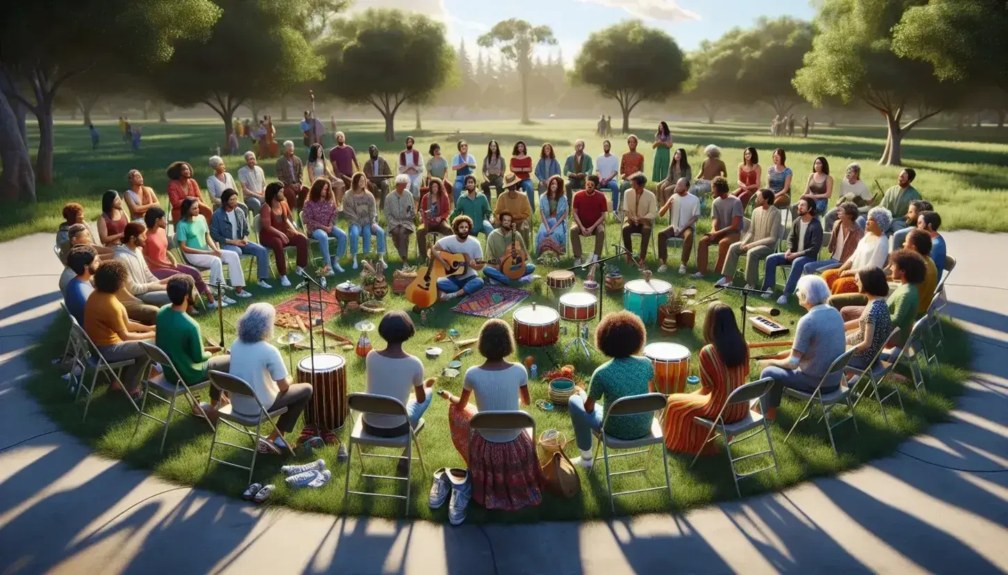 Reunión al aire libre de personas diversas en círculo con instrumentos musicales, mostrando unidad y participación comunitaria en un día soleado.