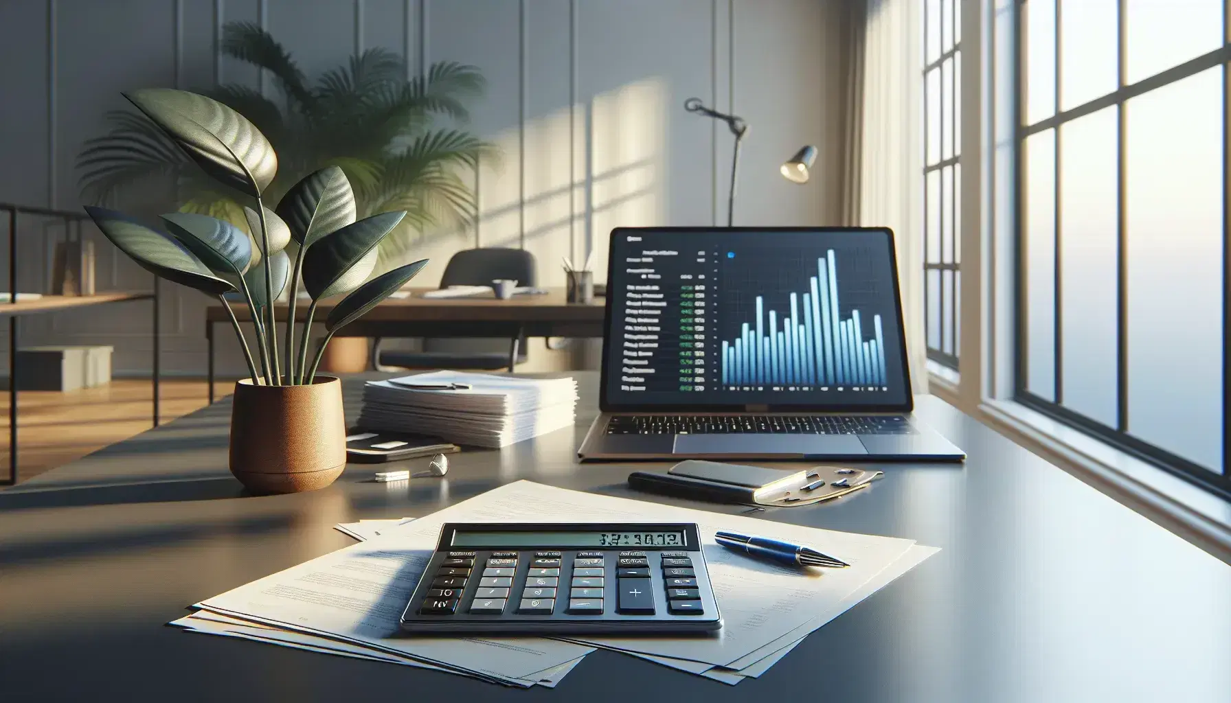 Escritorio de oficina con calculadora moderna, papeles ordenados, bolígrafo y laptop mostrando gráficos, junto a una planta y ventana con cielo azul.
