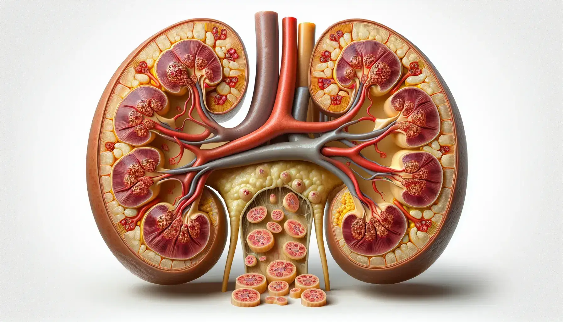 Sección longitudinal detallada de un riñón humano mostrando corteza renal, médula con pirámides, columnas renales y pelvis renal con uréter.