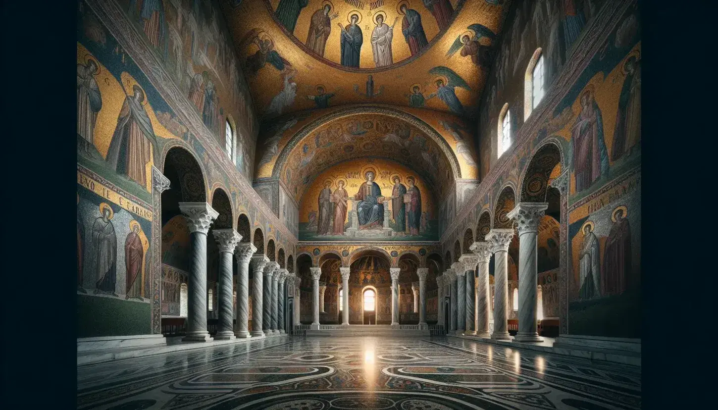Interno basilica di Ravenna con mosaici scintillanti, figure sacre e motivi geometrici su pareti e soffitto, pavimento in marmo variegato.
