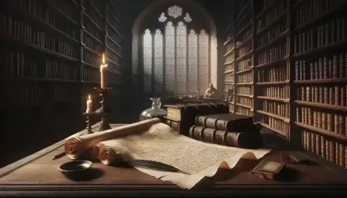 Scena di antica biblioteca con tavolo in legno, pergamena, penna d'oca e calamaio, lampada a olio e figura umana intenta a leggere.