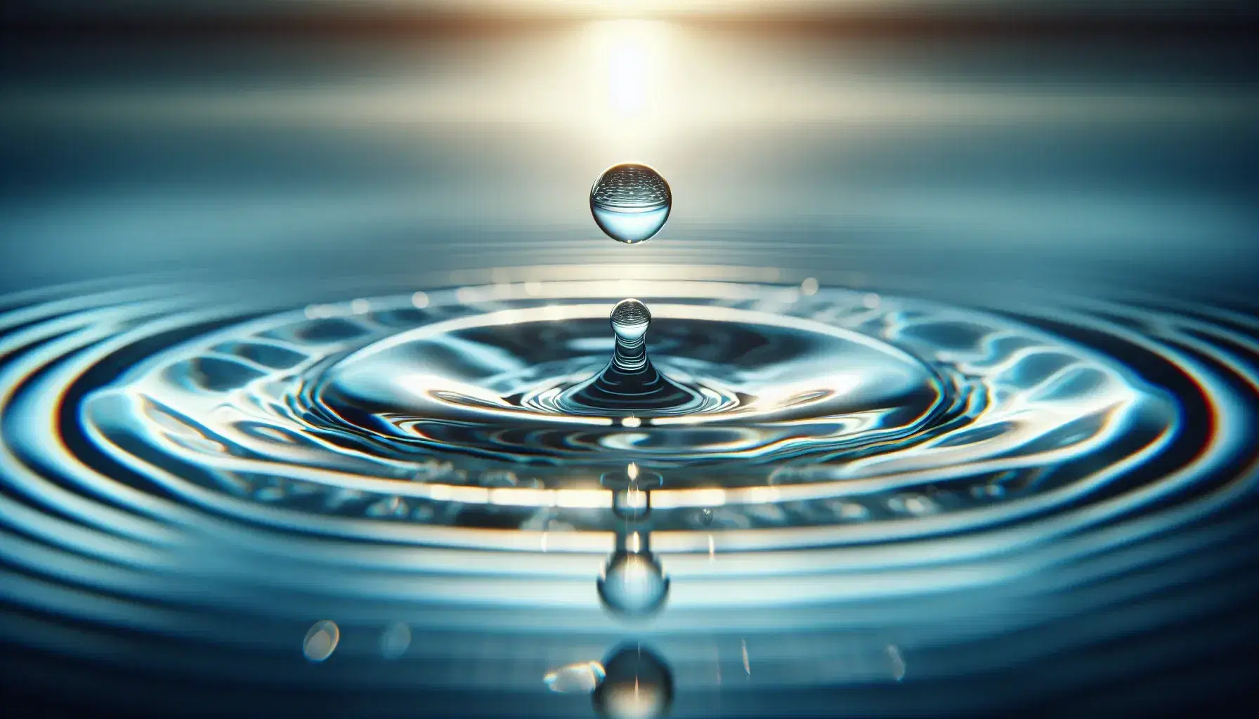 Gota de agua suspendida a punto de impactar en la superficie tranquila, con ondas concéntricas y reflejos de luz en un fondo desenfocado de tonos azules y verdes.