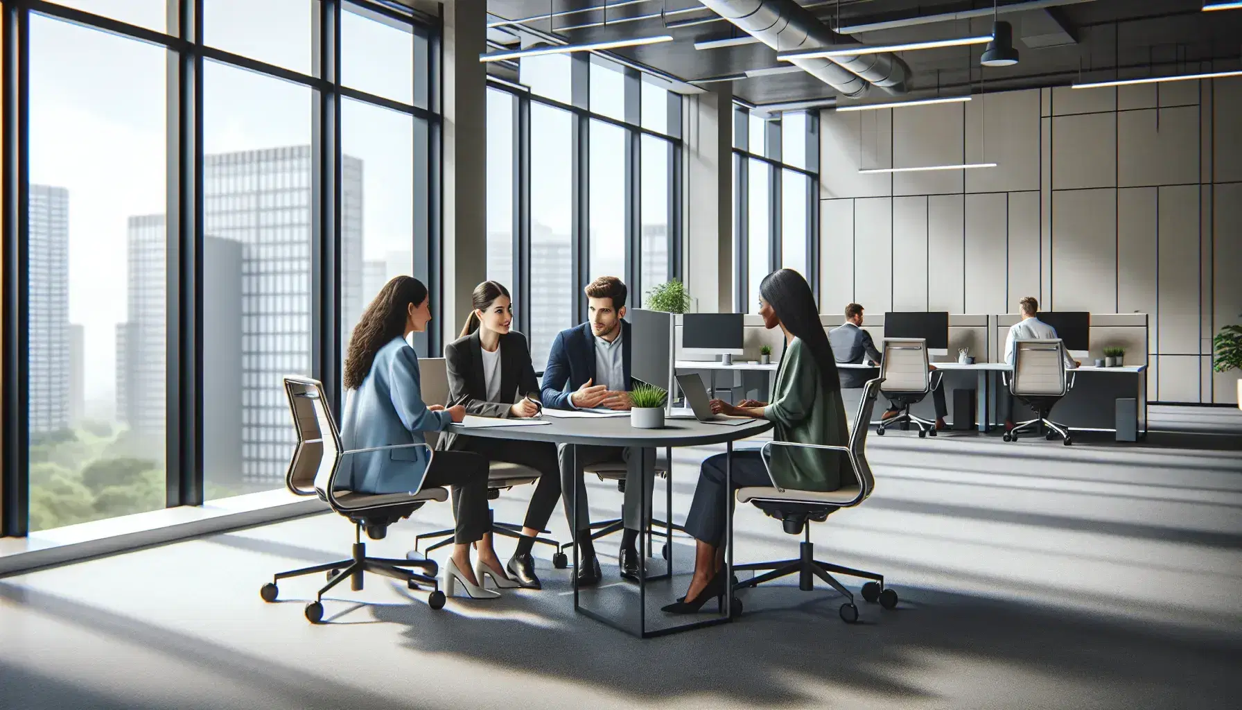 Four professionals discuss around a round table in a modern office with plants and natural light.