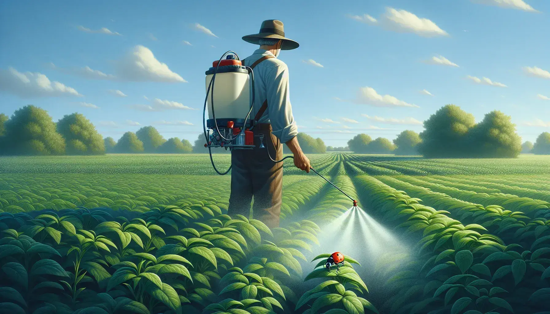 Farmer applying pesticide in a field with a backpack sprayer, under a clear blue sky, as a ladybug sits on a nearby leaf.