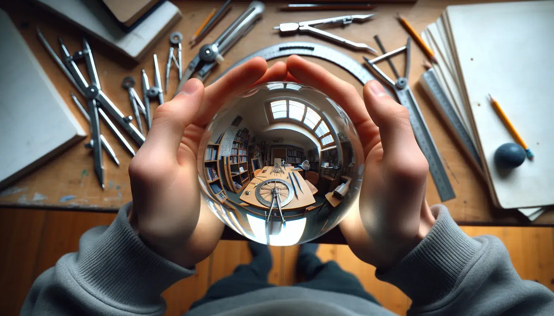 Student hands cradle a transparent sphere reflecting a cluttered desk with mathematical tools, pencils, and a clock, against a wooden backdrop.