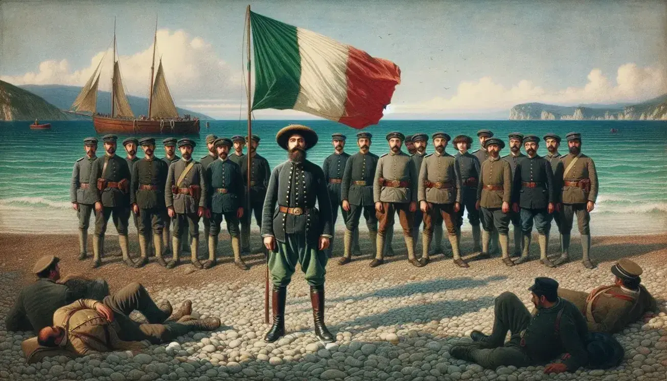 Gruppo di uomini in uniformi d'epoca con bandiera tricolore italiana su spiaggia ciottolosa, mare calmo e cielo azzurro sullo sfondo.