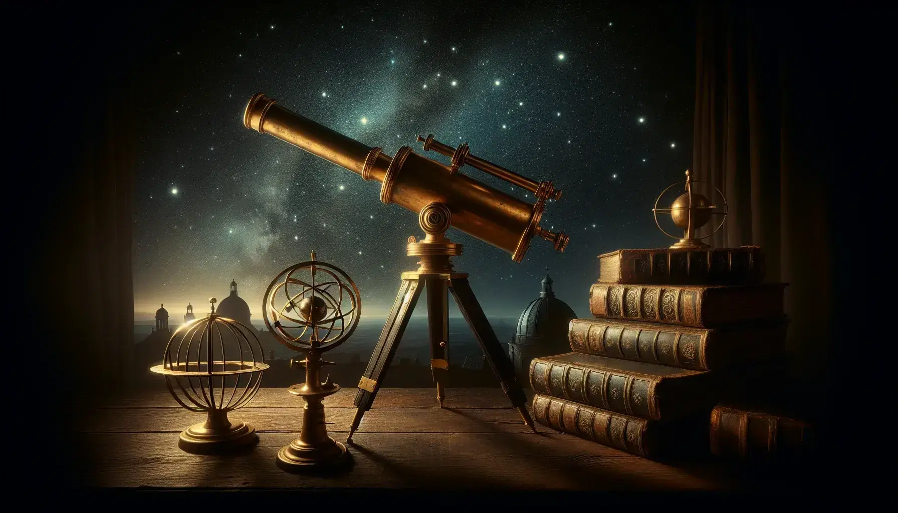 Telescopio antico in ottone su treppiede di legno con cielo stellato notturno, libri in pelle e sfera armillare, sfondo di osservatorio.