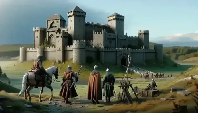 Fortaleza medieval en colina con personajes en atuendos de época y caballo marrón atado, bajo cielo azul con nubes.