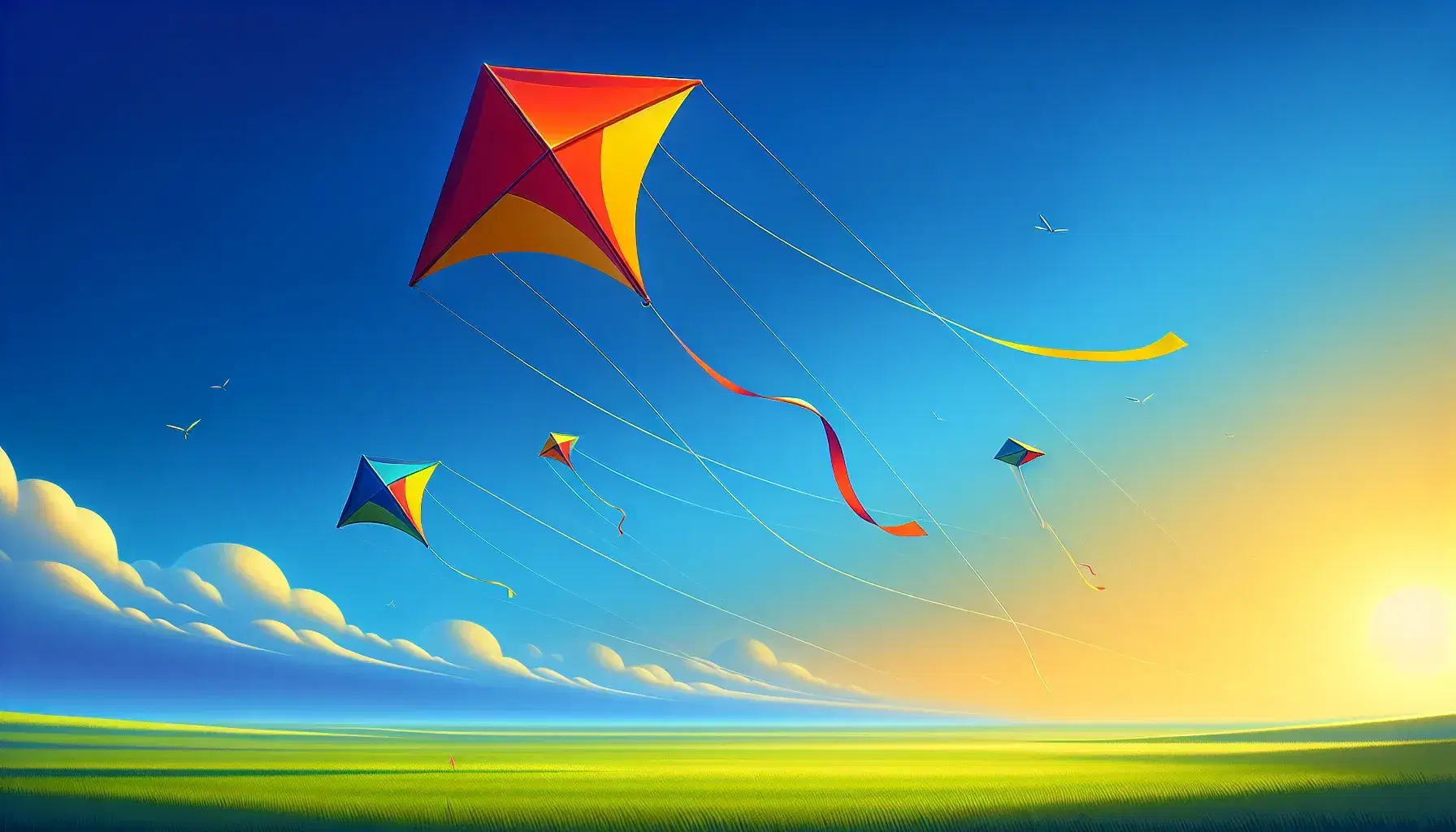 Three colorful kites—a red diamond, a yellow triangle, and a blue quadrilateral—fly in a clear blue sky above a green field with visible shadows.