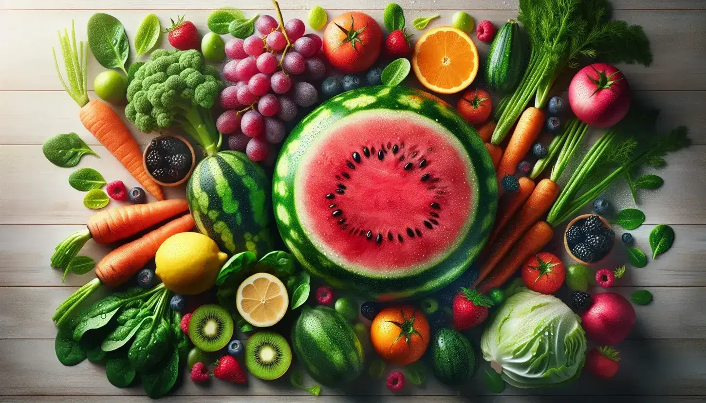 Variedad de frutas y verduras frescas sobre superficie de madera clara, con sandía, uvas, zanahorias multicolor, espinacas, lechuga y rodajas de cítricos.