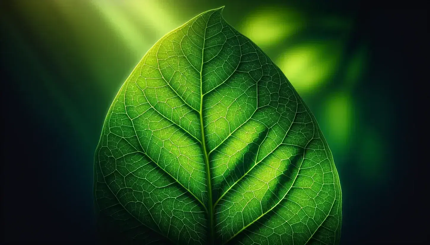 Vibrant green leaf in close-up with visible vascular system and water droplets, illuminated by natural light on green-yellow blurred background.