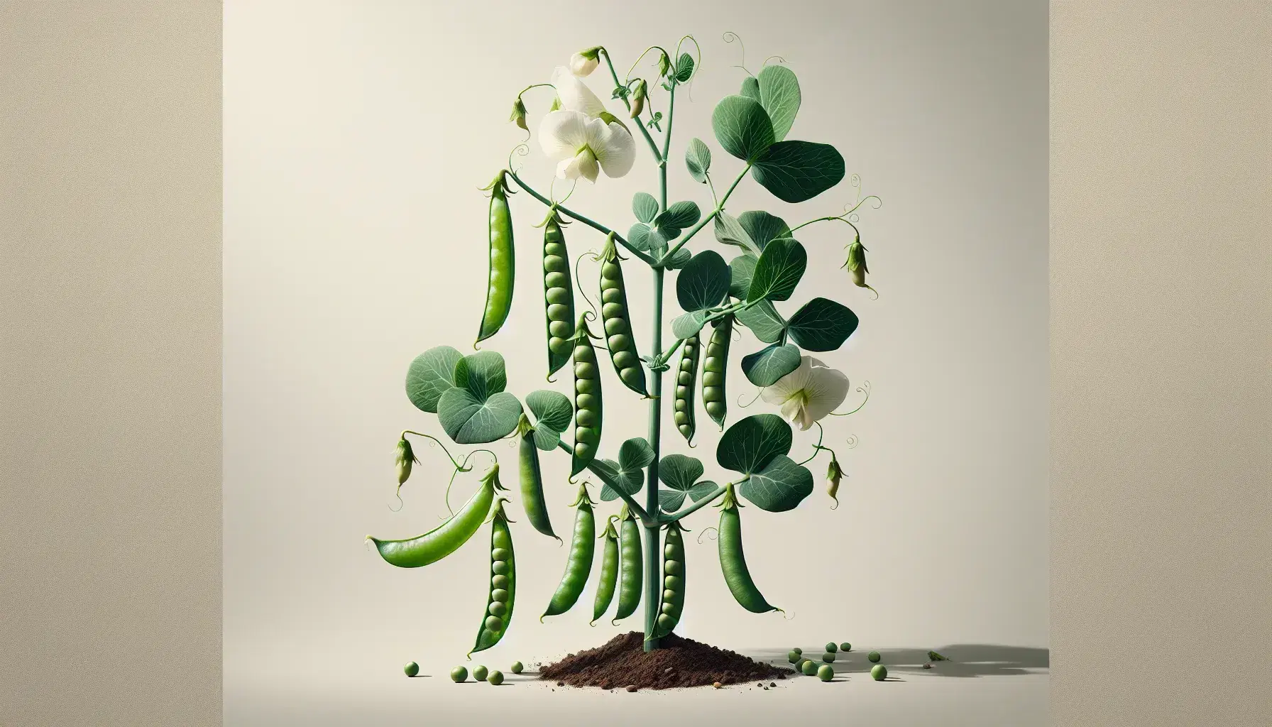 Vibrant pea plant with white blossoms and green pods, some revealing peas, against a light background with sunlight casting gentle shadows.