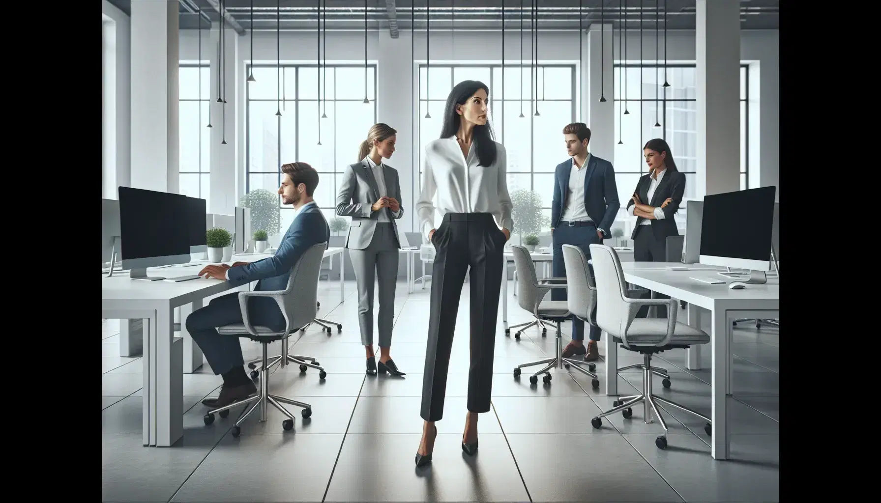 Grupo de profesionales en oficina moderna durante reunión colaborativa, con mujer liderando y colegas atentos, en un entorno de trabajo iluminado naturalmente.