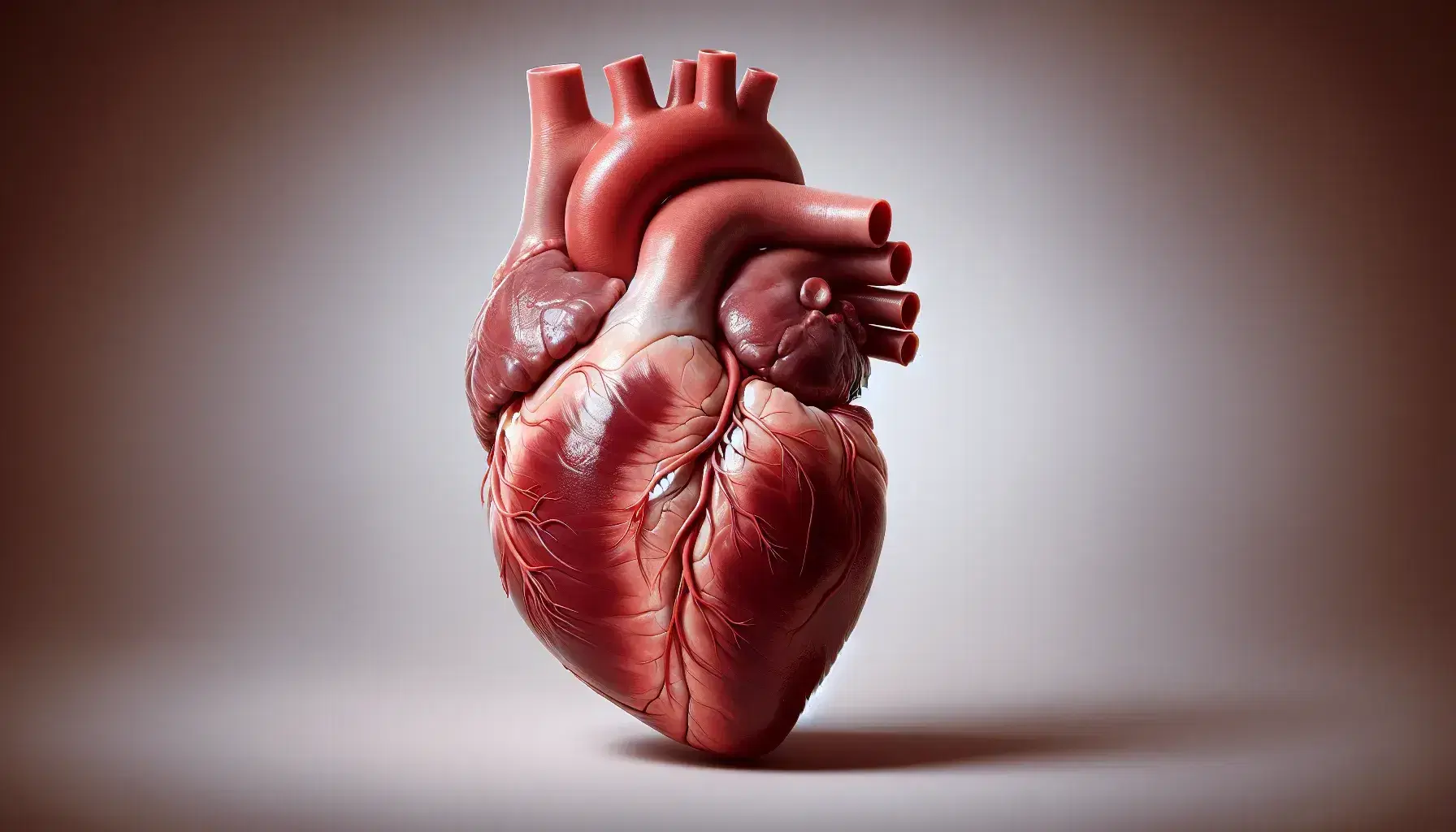 Corazón humano realista y detallado mostrando cámaras y arterias coronarias sobre fondo neutro.
