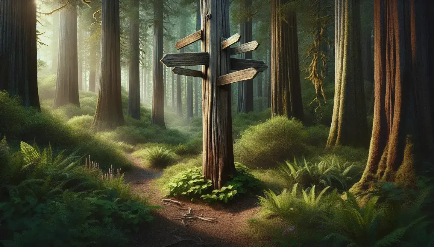 Weathered signpost with three blank arrows in a lush forest, sunlight filtering through the canopy onto a dirt path with colorful wildflowers.