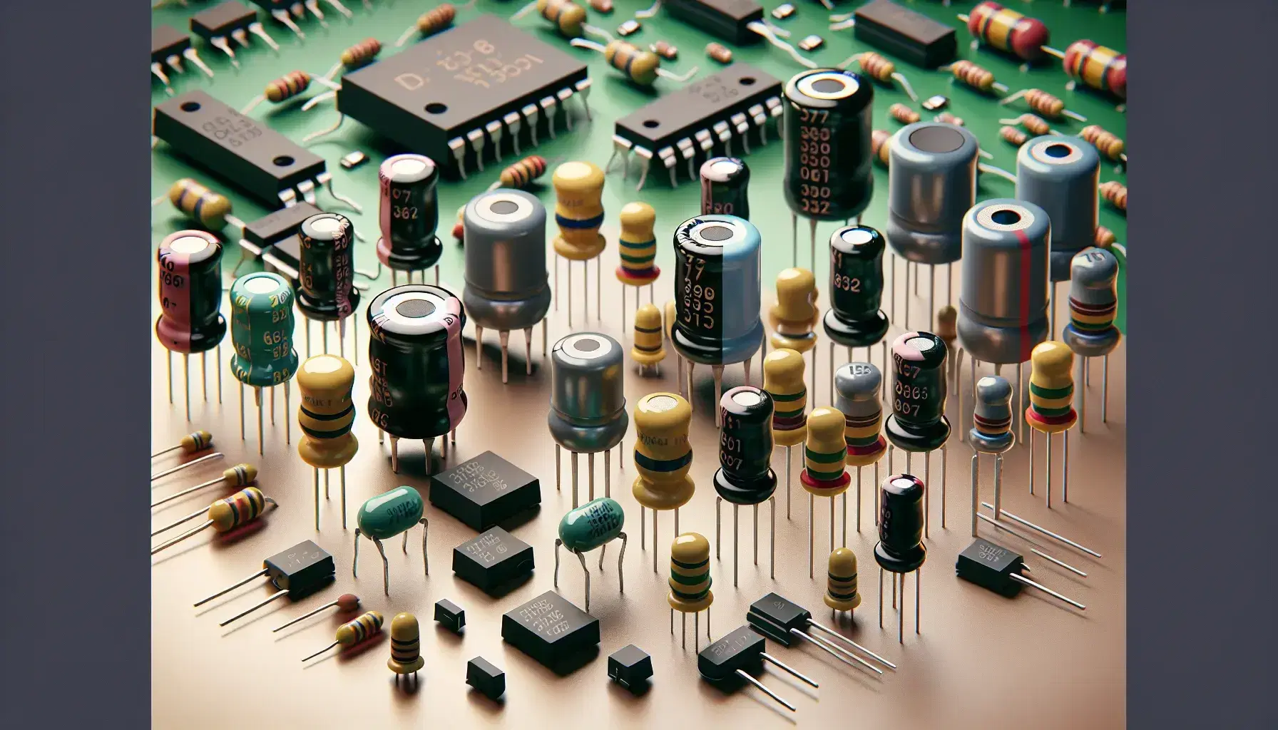 Componentes electrónicos como capacitores, resistores, diodos y transistor sobre superficie neutra con placa de circuito impreso al fondo.