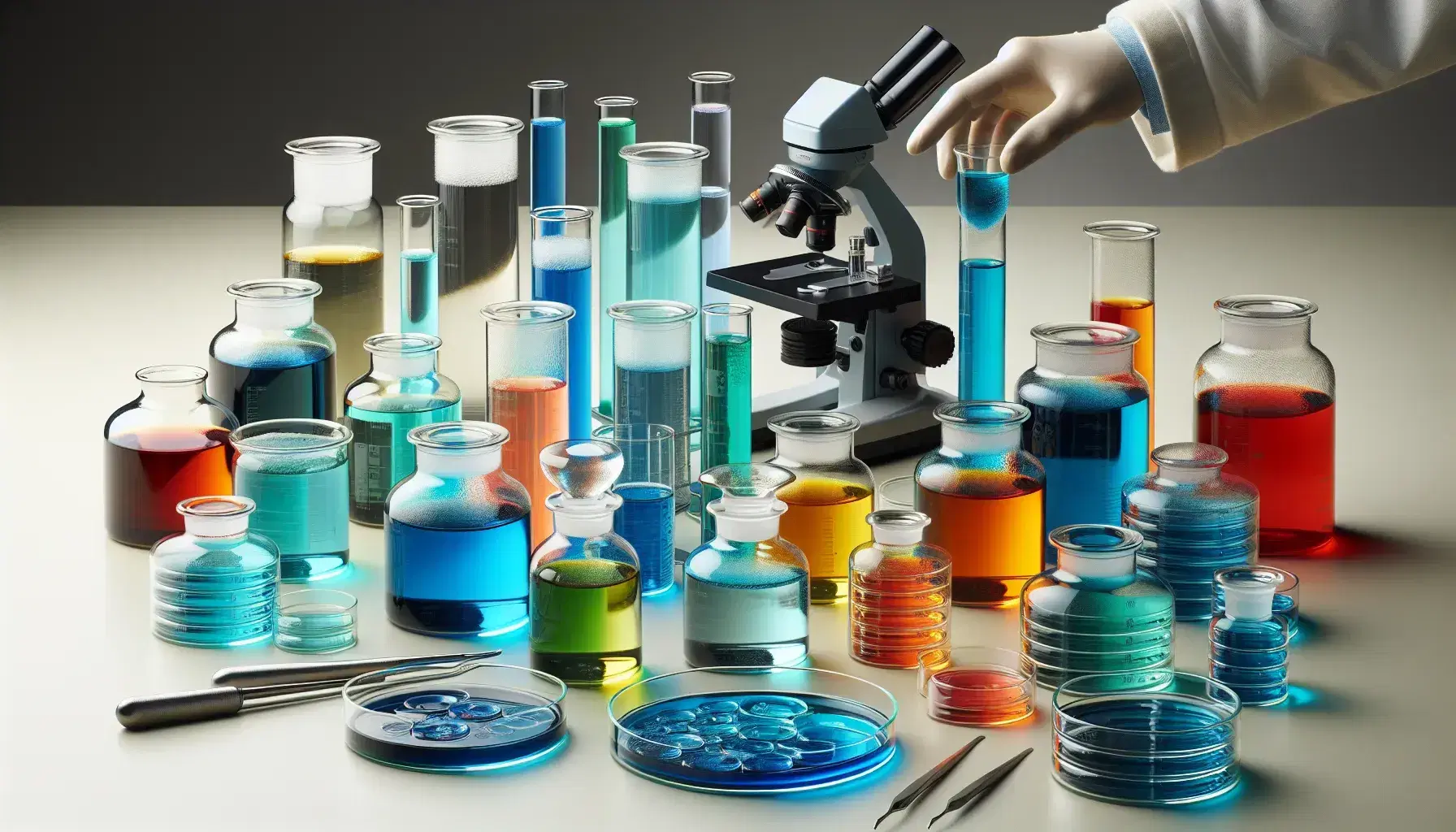 Frascos de vidrio con líquidos de colores en laboratorio, mano con guante vertiendo líquido azul en placa Petri, microscopio y herramientas de laboratorio al fondo.