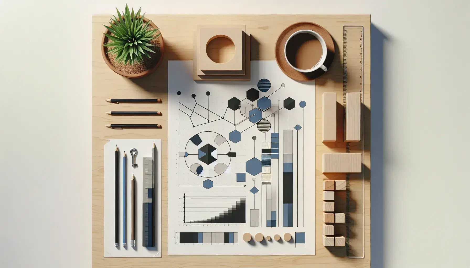 Espacio de trabajo con gráfico de Gantt, bloques de madera en forma de gráfico de barras, planta, taza de café y portabolígrafos en escritorio de madera.