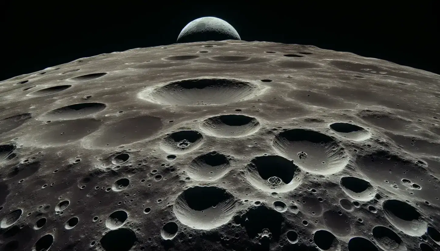 Superficie lunare dettagliata con crateri, rocce e modulo lunare atterrato, sotto un cielo nero senza stelle.