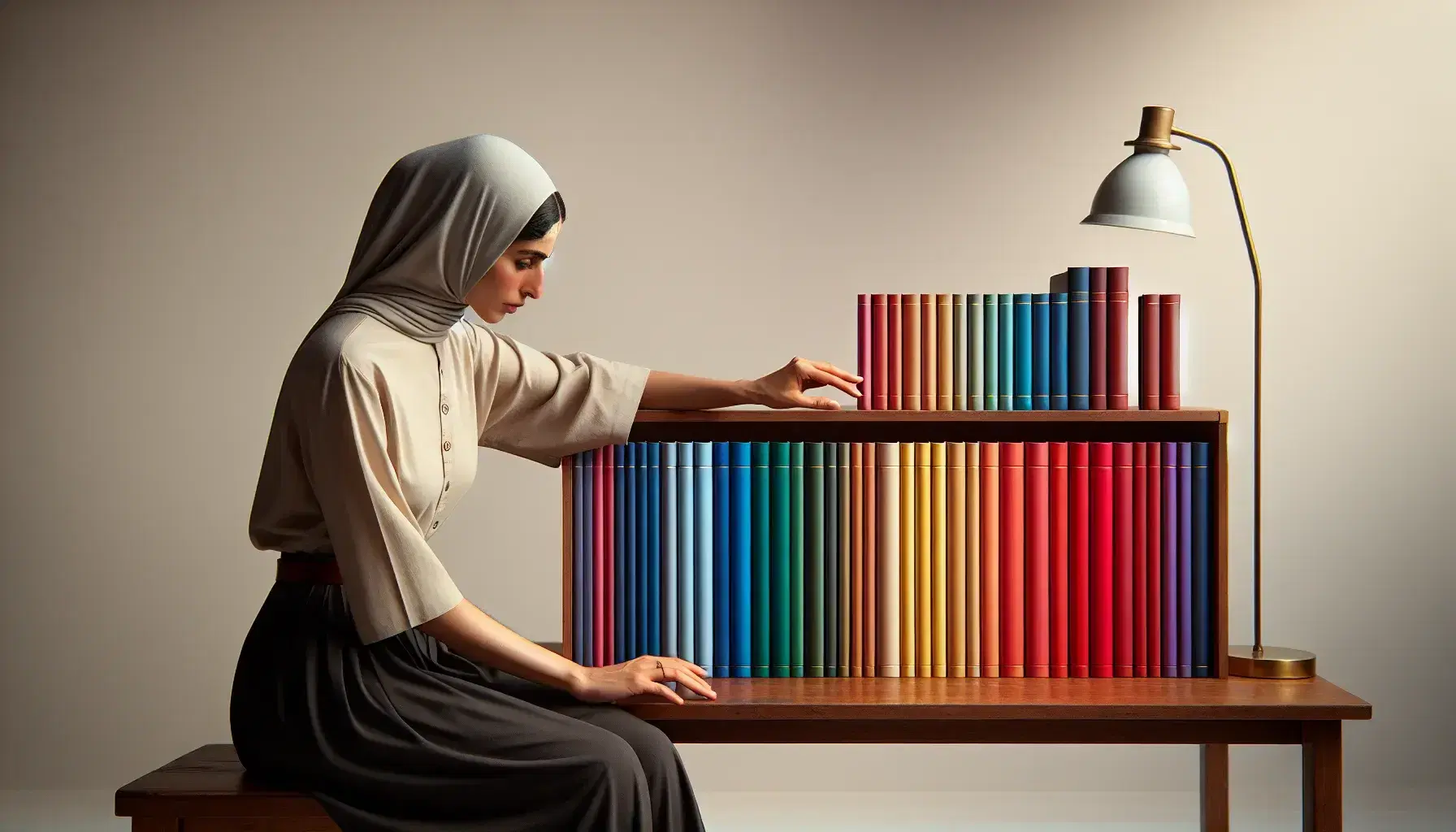 Middle Eastern woman sitting at wooden desk chooses a colorful book from a neat row with no visible titles, lamp lit on the table.