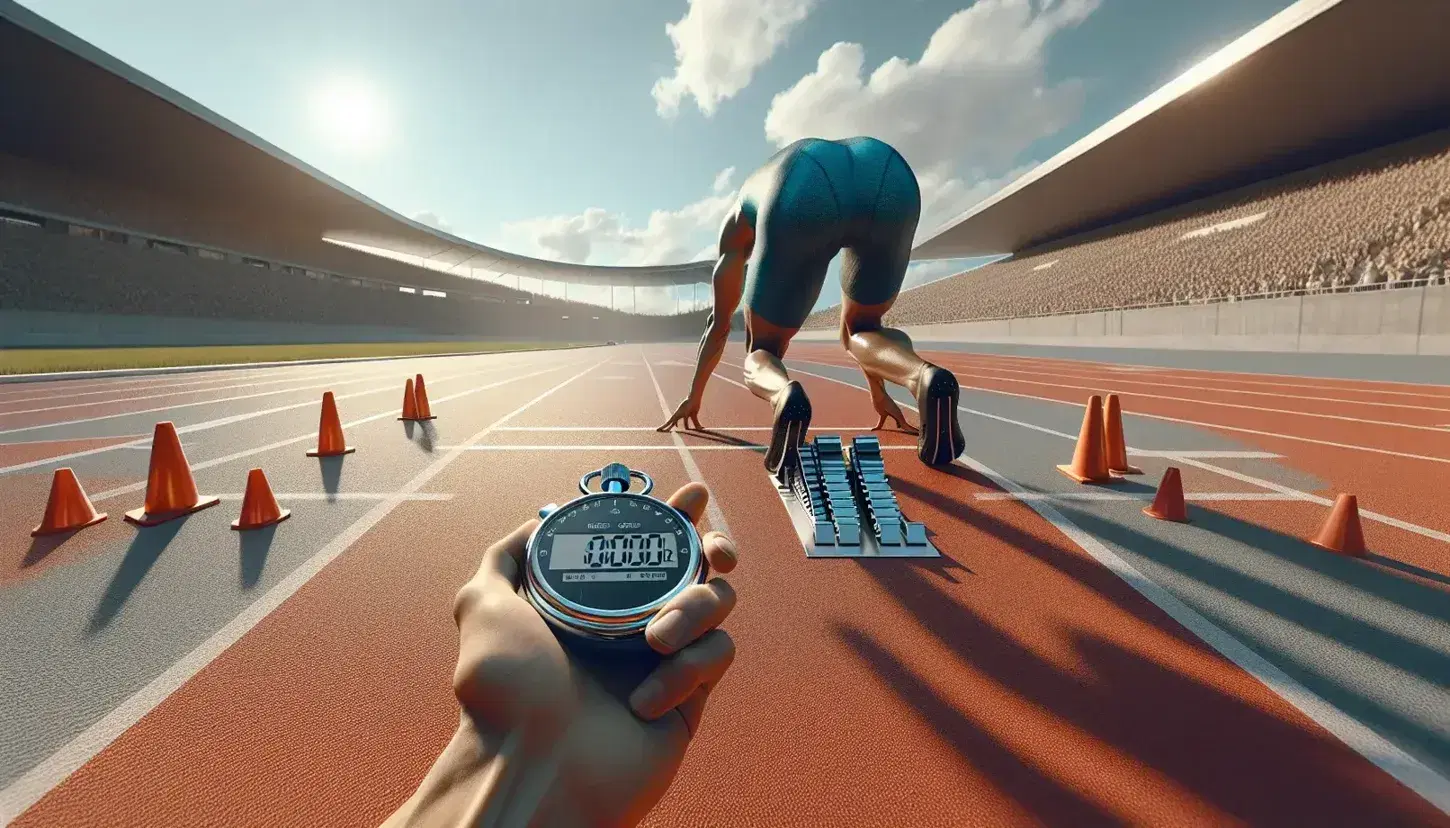 Atleta en posición de salida en pista de atletismo con cronómetro en mano, conos de tráfico al lado y gradas vacías en un día soleado.